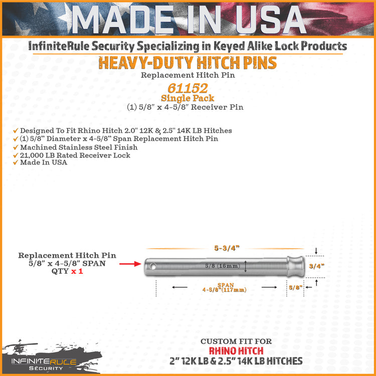 InfiniteRule Security Replacement Pins For Rhino Hitch 10K, 12K, 14K, & 16K LB Ball Mounts