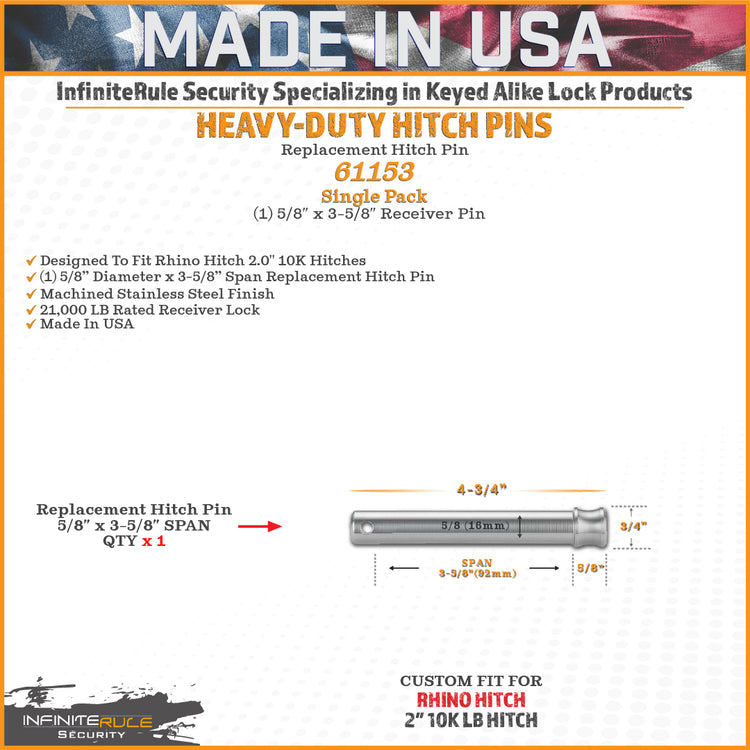 InfiniteRule Security Replacement Pins For Rhino Hitch 10K, 12K, 14K, & 16K LB Ball Mounts