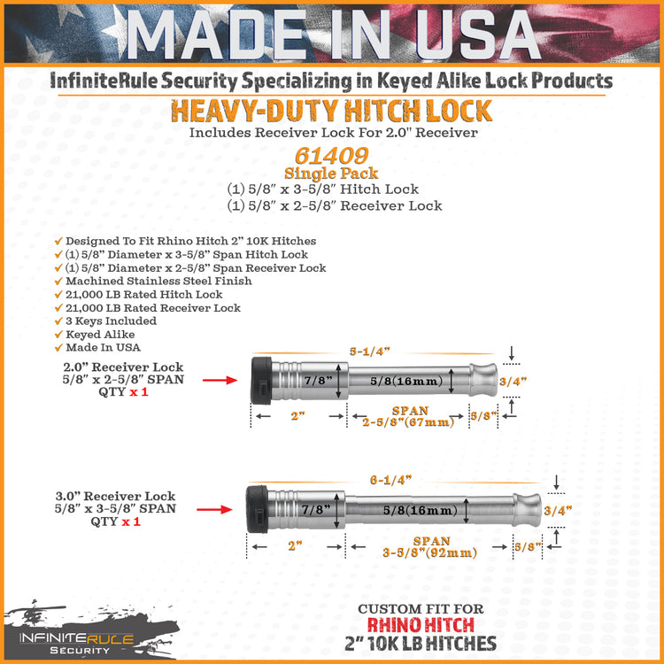 InfiniteRule Security Hitch & Receiver Locks For Rhino Hitch 10K LB Ball Mount